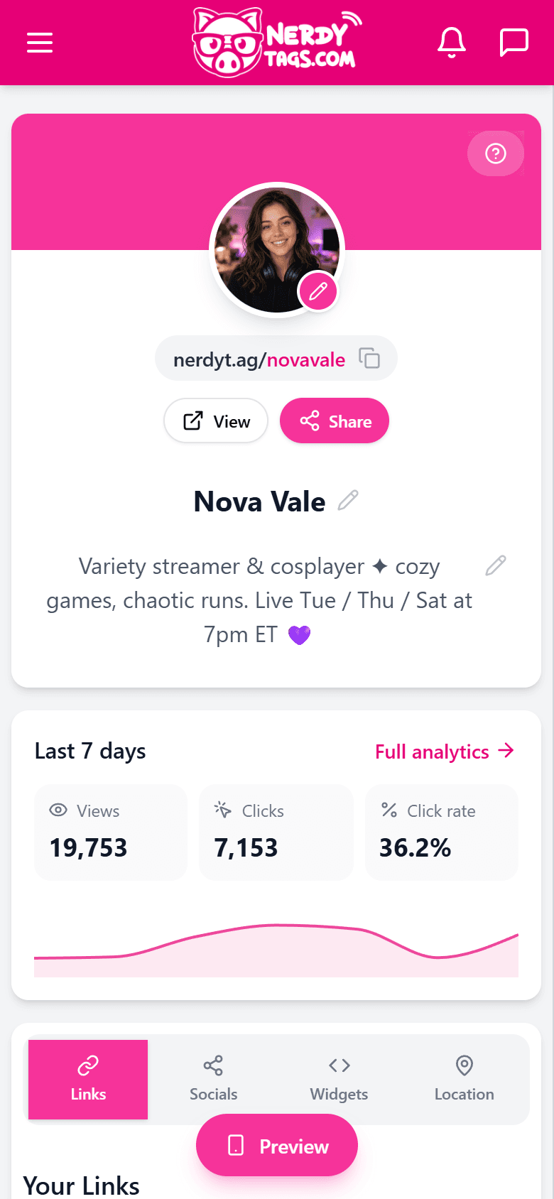 Creator dashboard in the NerdyTags app